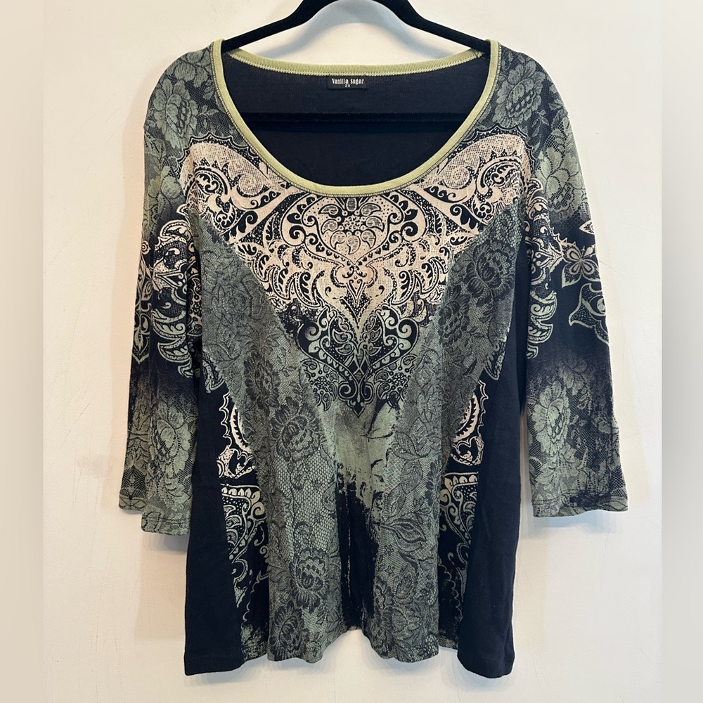 Y2K Vibes Vanilla Sugar Black and Green Long Sleeve Paisley Top 2X